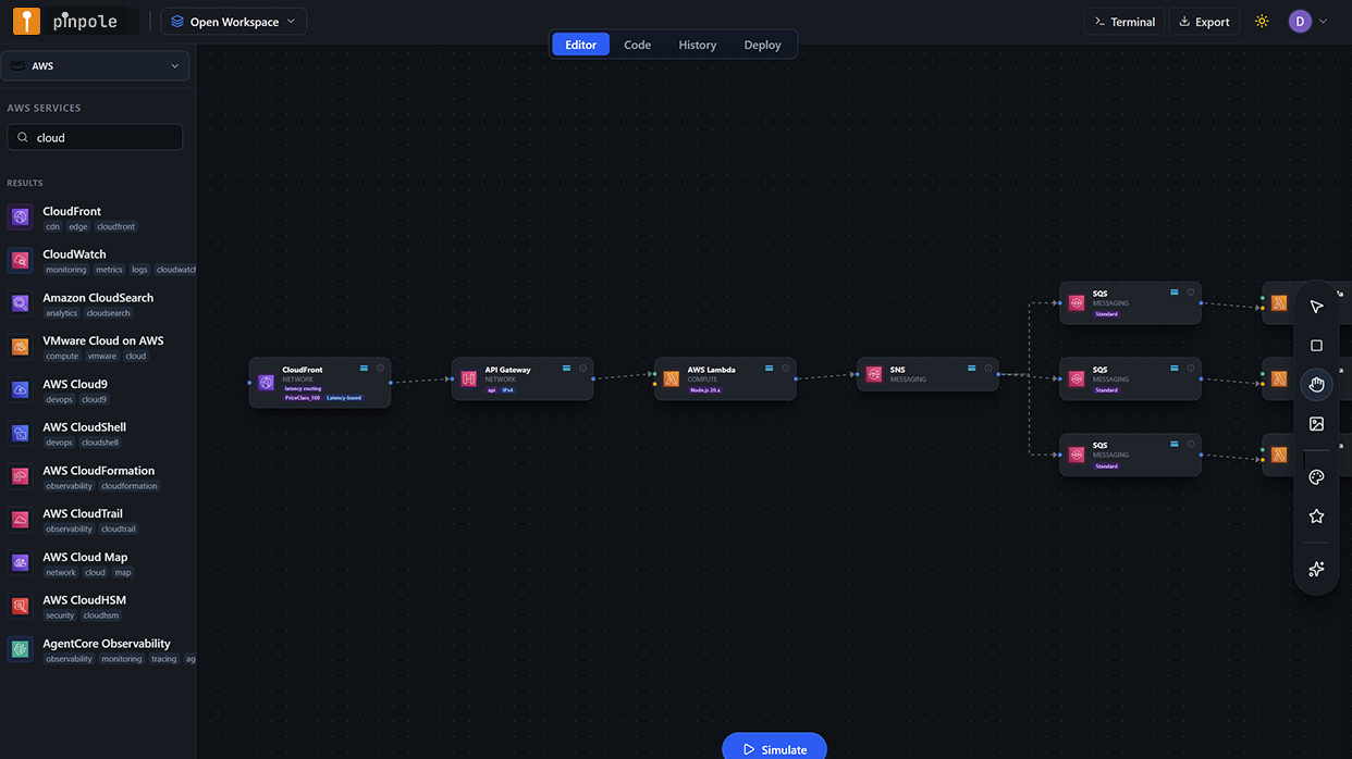 pinpole visual canvas: launch architecture before simulation, services and connections
