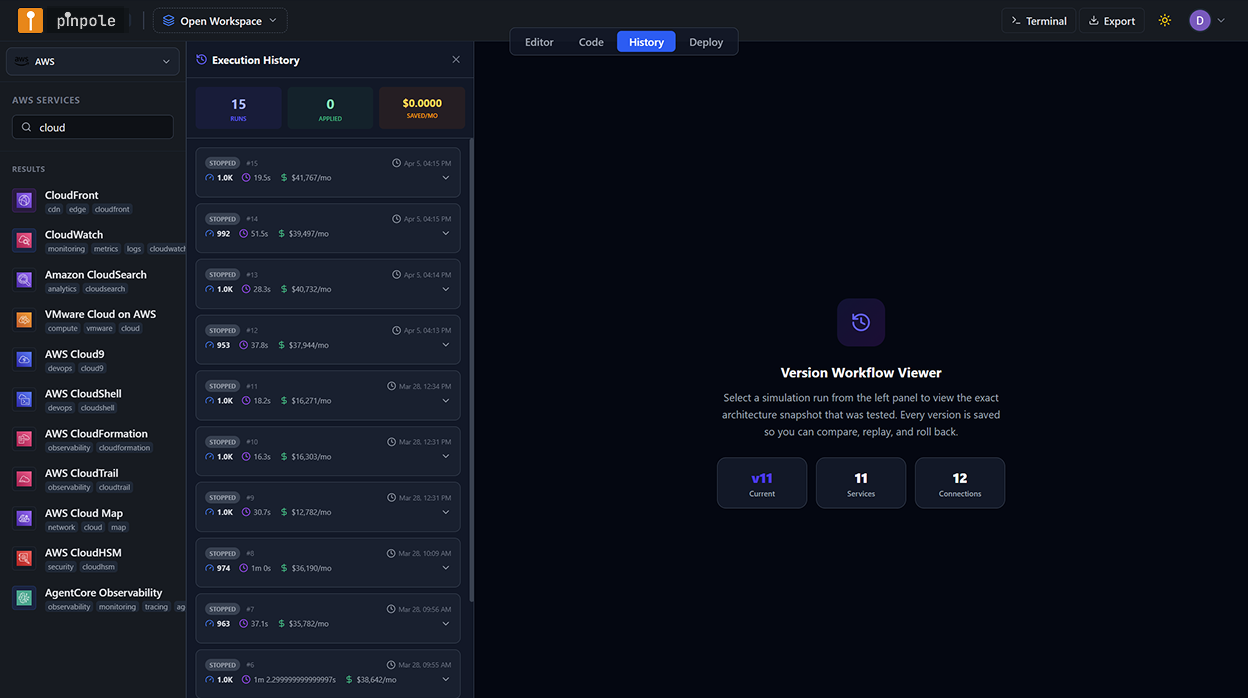 pinpole execution history listing simulation runs for launch-feature-v3