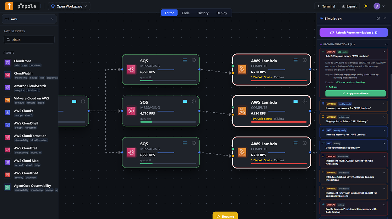 pinpole AI recommendations panel with fixes applied to the architecture